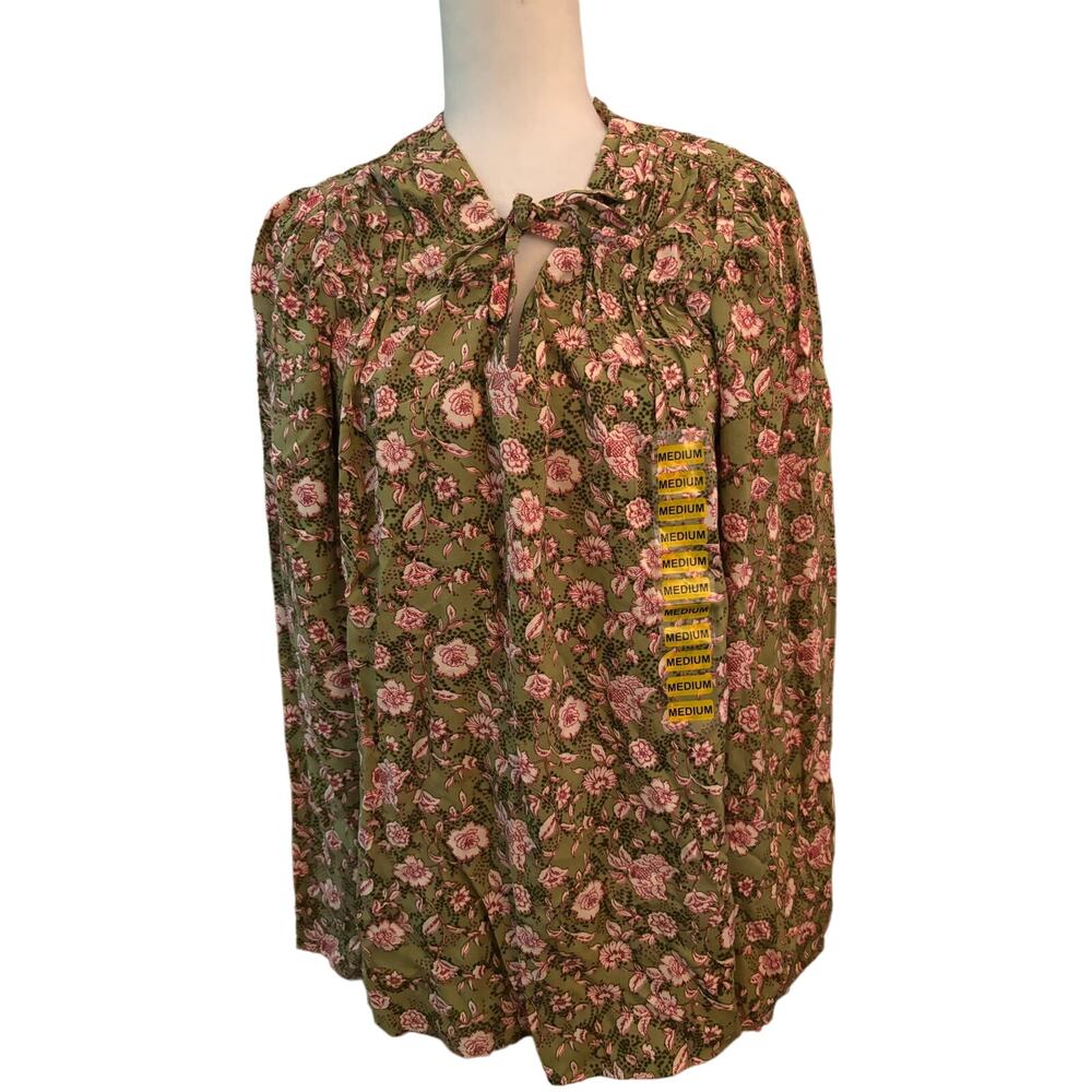 Jessica Simpson Leslie Tie Neck Floral Boho Blouse, Botanical Dots, Medium, NWT